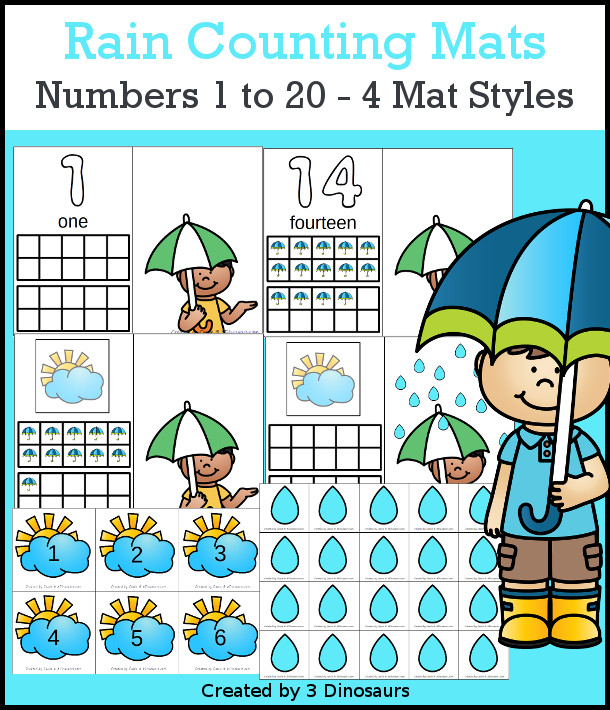 Rain Counting Mats: 1 to 20 - hands-on math with playdough number and ten frames with 4 mat options - 3Dinosaurs.com