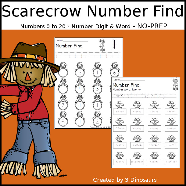Scarecrow Number Find Printable with racing number and finding number with numerical number and number word options - 3Dinosaurs.com