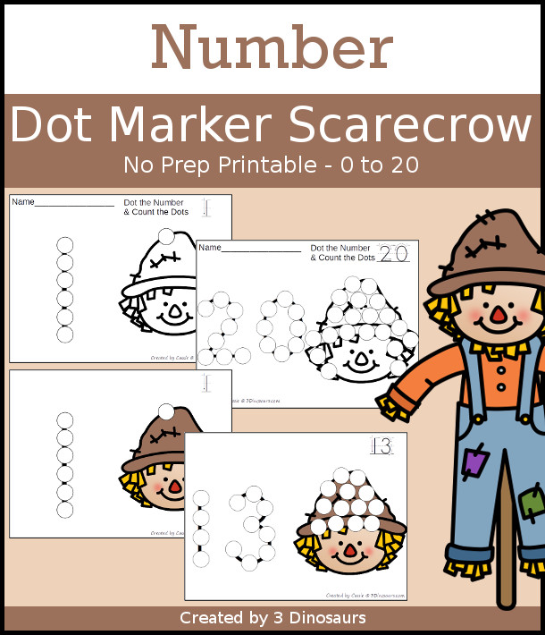 Scarecrow Dot the Number & Counting:  - Numbers 1 to 20 - with dot the number and the count and dot the circles on the scarecrow - 3Dinosaurs.com