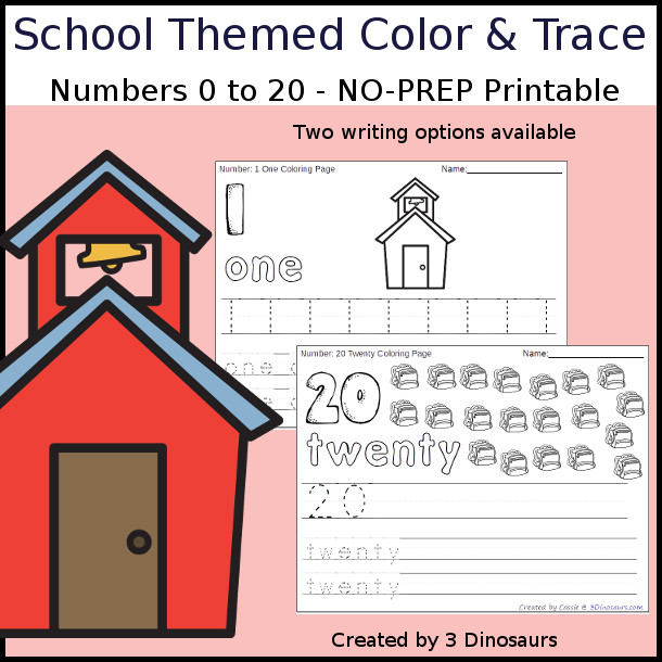 No-Prep School Themed Number Color and Trace - easy no-prep printables with a fun school theme 44 pages with two options for the numbers tracing or writing $ - 3Dinosaurs.com #noprepprintable #schoolprintables #numbersforkids