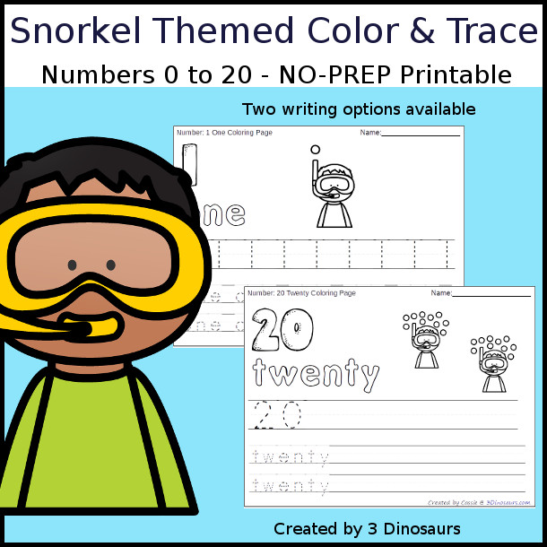 No-Prep Snorkel Themed Number Color and Trace - easy no-prep printables with a fun snorkel and bubbles theme 44 pages with two options for the numbers tracing or writing $ - 3Dinosaurs.com #noprepprintable #summerprintables #numbersforkids