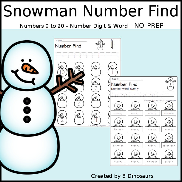 Snowman Number Find Printable - with the numerical number and number word for kids to work on finding with numbers from 0 to 20. An easy no-prep number printable for winter - 3Dinosaurs.com