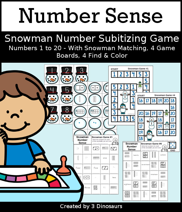 Snowman Number Sense Game from 1 to 20 with matching several different number types to the numerical number including tally marks, dominos, number word, ten frames, and tens and ones to build a snowman and fun game boards and worksheets to use with the games - 3Dinosaurs.com