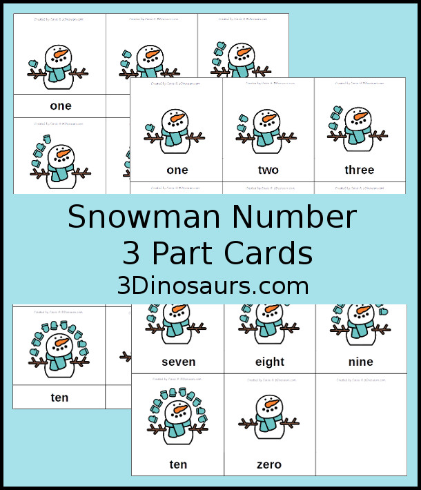 Free Winter Number 3 Part Cards - 4 pages of printables - 3Dinosaurs.com #freeprintable #numbersforkids #3partcards