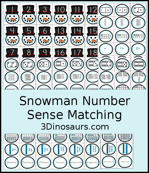 Free Snowman Number Sense from 1 to 20 with matching several different number types to the numerical number including tally marks, dominos, number word, ten frames, and tens and ones to build a snowman  - 3Dinosaurs.com