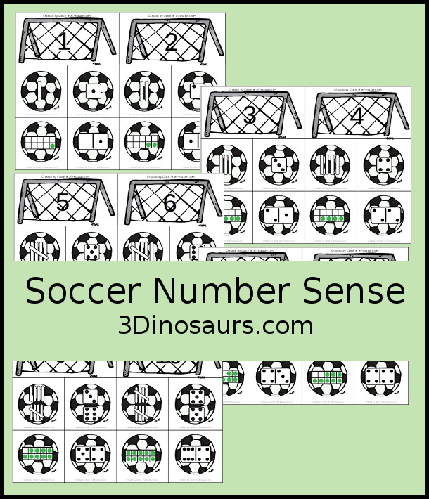 Free Soccer Number Sense Sorting with Numbers 1 to 10 - soccer nets with numbers and soccer balls with tally marks, dominos, ten frames, and dice for sorting. A great kindergarten number printable  - 3Dinosaurs.com