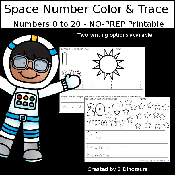 No-Prep Space Themed Number Color and Trace - easy no-prep printables with a fun space theme 44 pages with two options for the numbers tracing or writing $ - 3Dinosaurs.com #noprepprintable #spaceprintables #numbersforkids