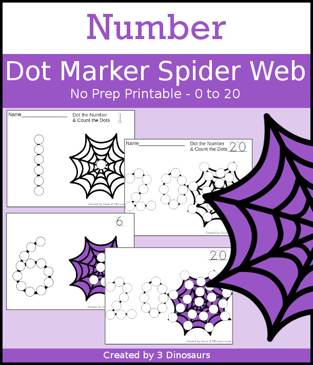 Spider Web Dot the Number & Count the Dots - numbers 0 to 20 with dot marker activities for kids to work on numbers and counting - 3Dinosaurs.com
