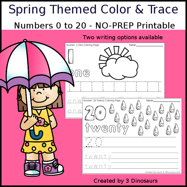 No-Prep Spring Themed Number Color and Trace - easy no-prep printables with a fun spring theme 44 pages with two options for the numbers tracing or writing $ - 3Dinosaurs.com #noprepprintable #springprintables #numbersforkids