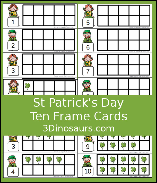 Free St Patrick's Day Ten Frame Cards - two different types of cards to use with clovers- 3Dinosaurs.com #handsonlearning #mathforkids #freeprintables #stpatricksday #tenframeactivities