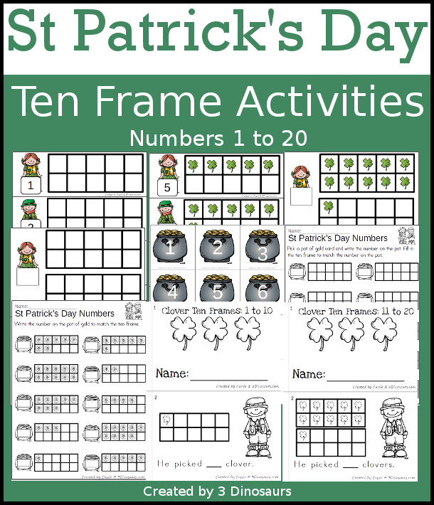 St Patrick's Day Themed Ten Frame Set: 4 sets of number cards, hands-on and no prep printables, 2 easy reader books with numbers 1 to 20 $ - 3Dinosaurs.com #handsonlearning #mathforkids #tpt #stpatricksday #tenframeactivities #noprepworksheet #easyreaderbook