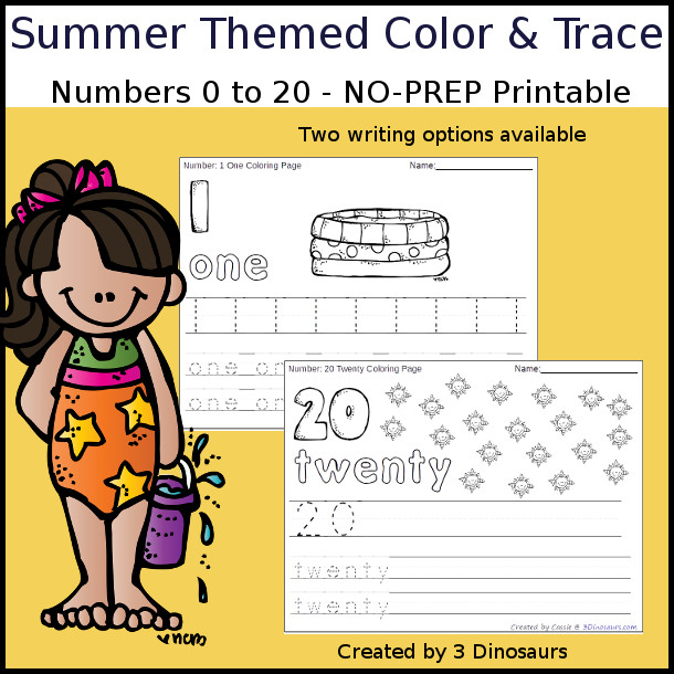 No-Prep Summer Themed Number Color and Trace - easy no-prep printables with a fun summer theme 44 pages with two options for the numbers tracing or writing $ - 3Dinosaurs.com #noprepprintable #summerprintables #numbersforkids