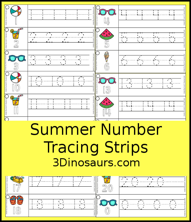 Free Summer Number Tracing Strips Printable - with numbers 0 to 20. With summer themes and examples of how to trace the numbers and numbers to trace. - 3Dinosaurs.com