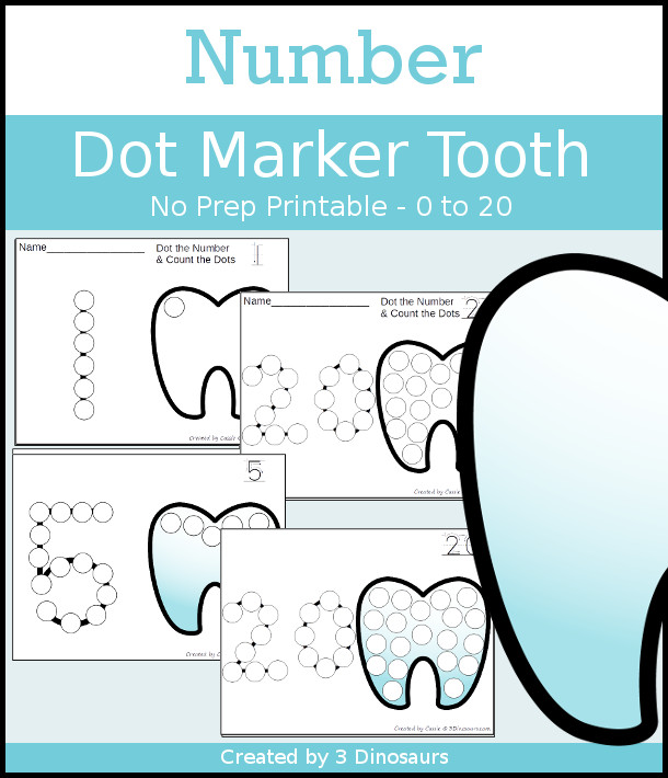 Tooth Dot the Number & Count the Dots - numbers 0 to 20 with dot marker activities for kids to work on numbers and counting - 3Dinosaurs.com