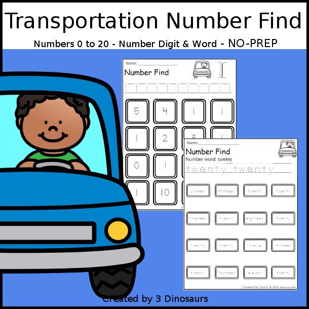 Transportation Themed Number Find - easy to use no-prep printable numbers 0 to 20 $ with number digit and number word - 3Dinosaurs.com