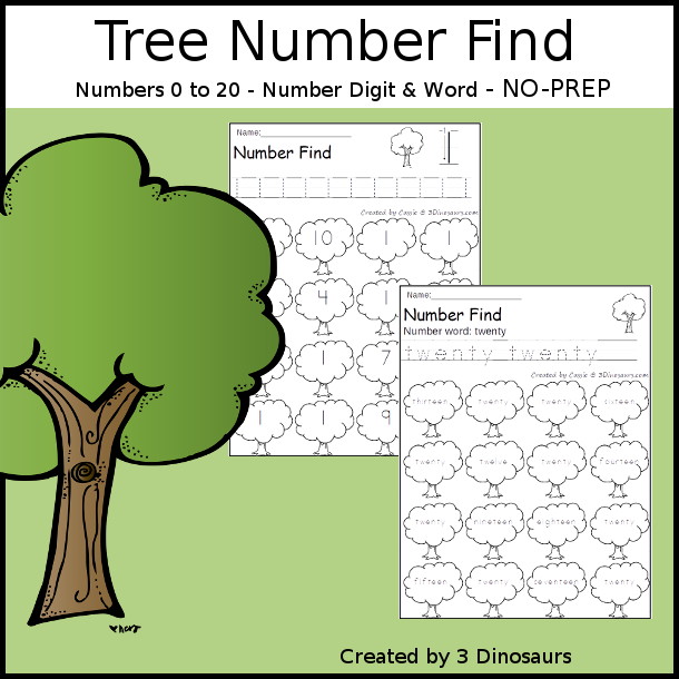 Tree Number Find Printable For Kids  with numbers from 0 to 20. You trace the numbers and then find the numbers on the tree. You have number and number word for kids to use - 3Dinosaurs.com