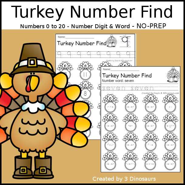 Turkey Themed Number Find: Digit and Words with tracing $ - 3Dinosaurs.com