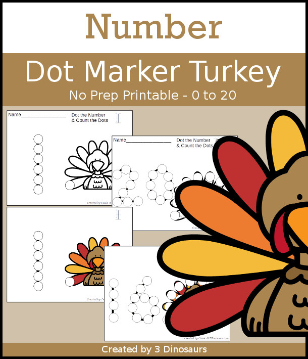 Turkey Dot the Number & Count the Dots - numbers 0 to 20 with dot marker activities for kids to work on numbers and counting - 3Dinosaurs.com