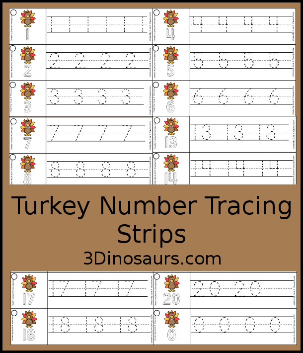 Free Turkey Theme Number Tracing Strips - with numbers 0 to 20 with tracing the number and example of how the number is written with fun turkeys. - 3Dinosaurs.com
