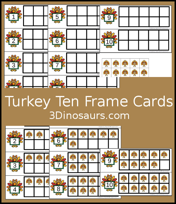 Free Turkey Ten Frame Cards - two different types of cards to use with turkeys - 3Dinosaurs.com #handsonlearning #mathforkids #freeprintables #thanksgiving #tenframeactivities