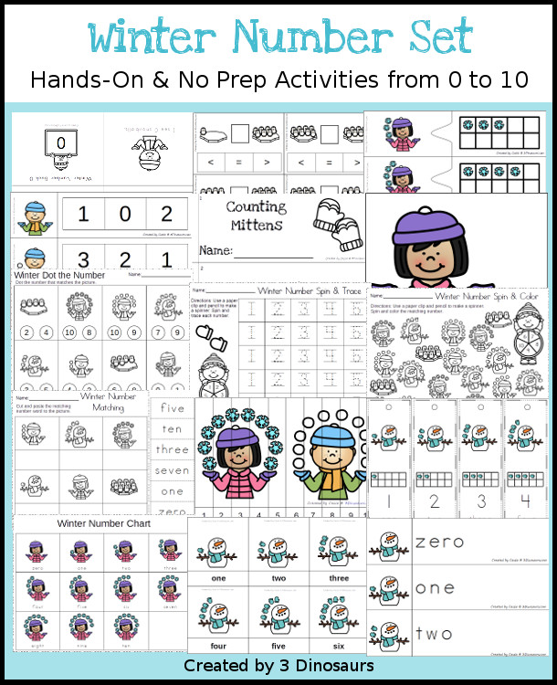 Winter Themed Number Set 0 to 10 - 92 pages of hands-on and no-prep: books, clip cards, worksheets, counting mats and more prinatbles with a witner theme working on numbers 1 to 10 - 3Dinosaurs.com #printablesforkids  #numbersforkids #winterprintables #tpt #teacherspayteachers