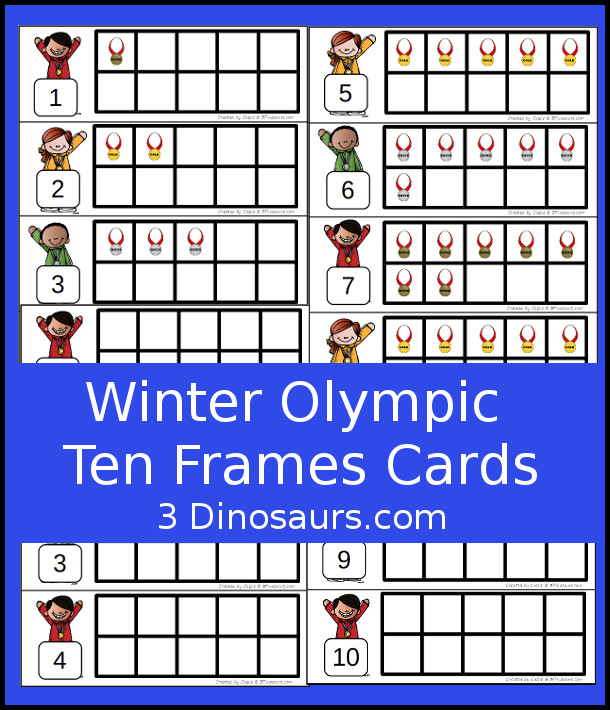 FREE Winter Olympics Ten Fram Cards Numbers 1 to 10 with two types of cards - 3Dinosaurs.com #handsonlearning #mathforkids #freeprintables #winterolympics #tenframeactivities