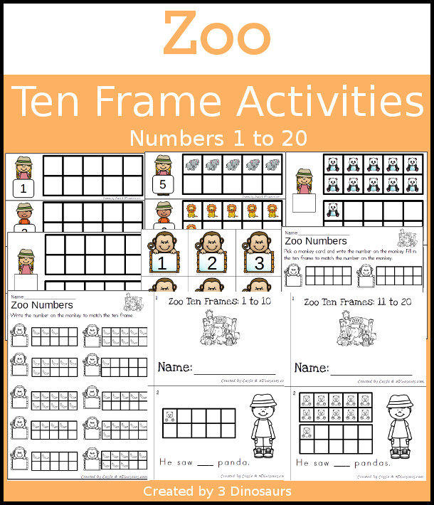 Zoo Themed Ten Frame Set: 4 sets of number cards, hands-on and no prep printables, 2 easy reader books with numbers 1 to 20 $ - 3Dinosaurs.com