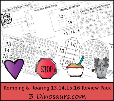 Romping & Roaring Number 13, 14, 15, 16 Review Pack Set 1 - 13: shapes, 14: transportation signs, 15: cooking, 16: zoo - 3Dinosaurs.com