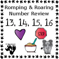 Romping & Roaring Number 13, 14, 15, 16 Review Pack Set 1 - 13: shapes, 14: transportation signs, 15: cooking, 16: zoo - 3Dinosaurs.com