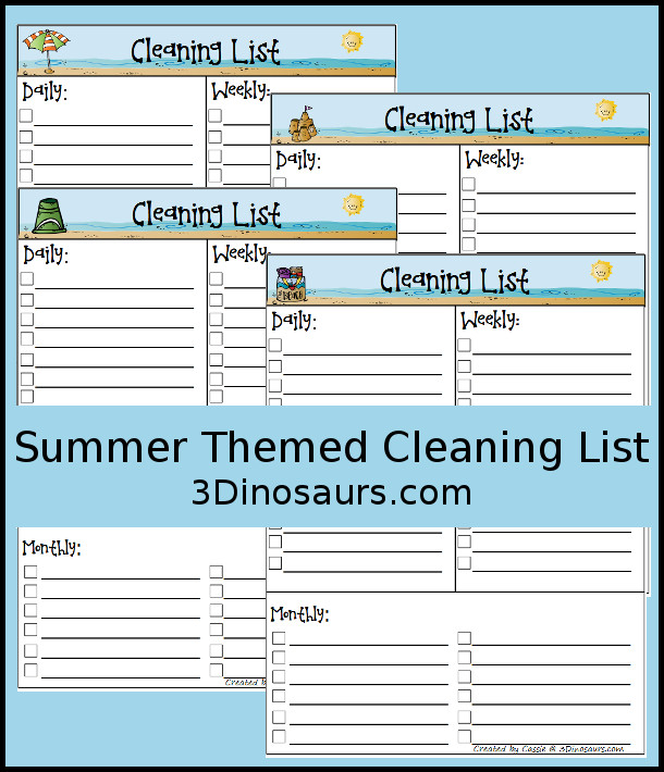 Free Summer Themed Monthly Cleaning Chart Printable - 4 different options - 3Dinosaurs.com