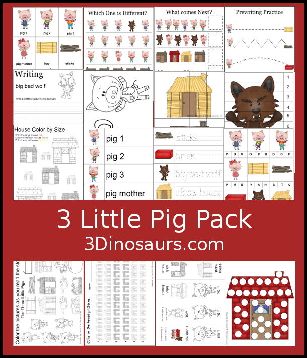 3 Little Pigs Pack contains 60 pages with hands-on and no-prep  printables for prek and kindergarten age kids with vocab, writing, coloring, puzzles and more - 3Dinosaurs.com