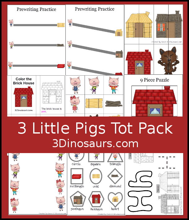 3 Little Pigs Tot Pack contains 27 pages with hands-on and no-prep  printables for tot and preschool age kids - 3Dinosaurs.com