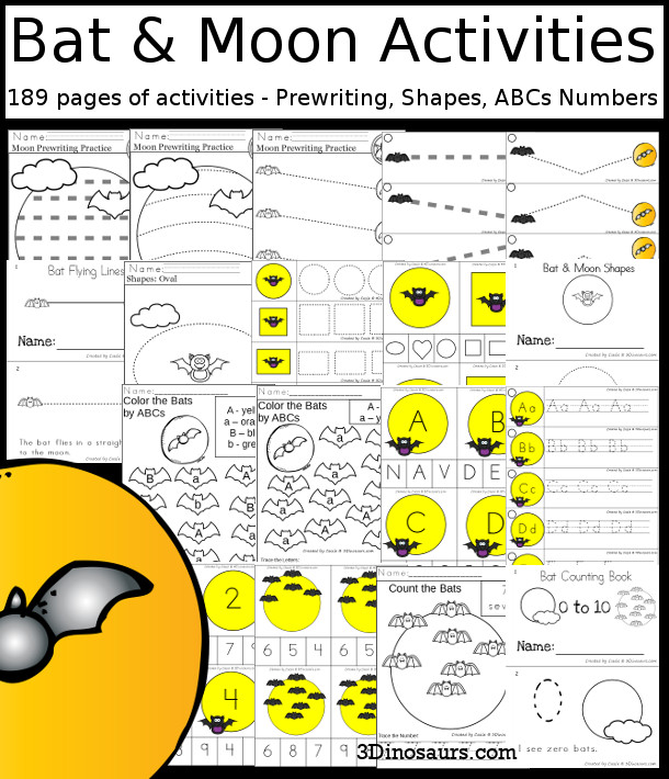 Bat & Moon Activities Pack with Prewriting, Shapes, ABCs, and Numbers - 191 pages of activities with no-prep pages, clip cards and tracing strips to help with learning skills. A great addition to any Bat & Moon activity or theme. - 3Dinosaurs.com