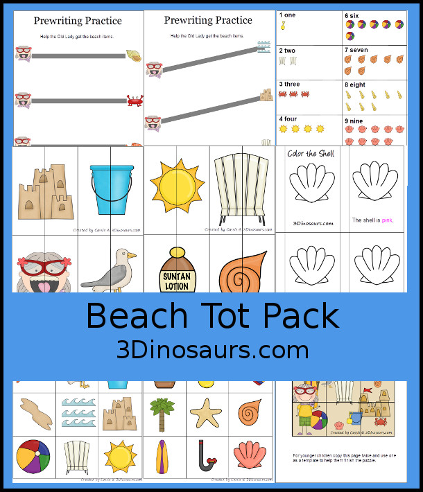 Free Beach Tot Pack Printables- with beach themed printables for tot and preschool. Simple and easy use with fun hands-on activity and worksheets with a beach theme - 3Dinosaurs.com