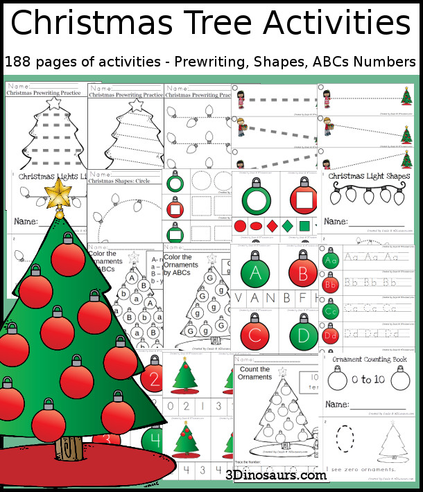 Christmas Tree Activities - with prewriting Christmas trees, prewriting lights, ABC coloring, ABC clip cards, Shape tracing, shape easy reader book, number clip cards, number counting book and more - 3Dinosaurs.com