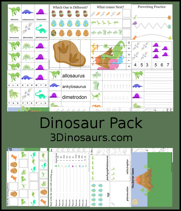 Free Dinosaur Pack Printables for Prek & Kindergarten - over 60 pages of free printables for dinosaurs themed activities with dinosaur cards, cutting practice, tracing strips, writing dinosaurs names and more - 3Dinosaurs.com