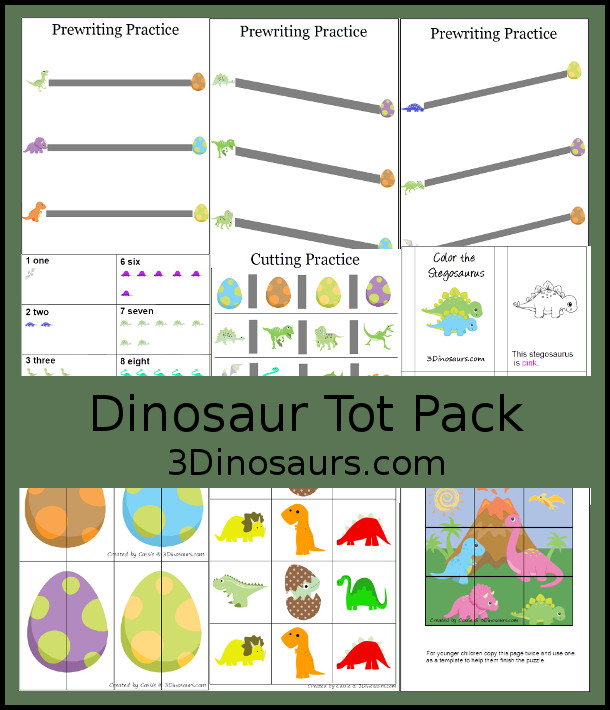 Free Dinosaur Pack Printables for Tot & Preschool - 20 pages of free printables for dinosaurs themed activities with prewriting, 2 piece puzzles, small dinosaur color book, 9 piece puzzle and more - 3Dinosaurs.com