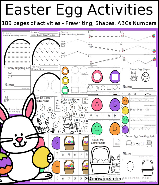 Easter Activities Pack with Prewriting, Shapes, ABCs, and Numbers - 191 pages of activities with no-prep pages, clip cards and tracing strips to help with learning skills Plus has a cute easter egg theme - 3Dinosaurs.com