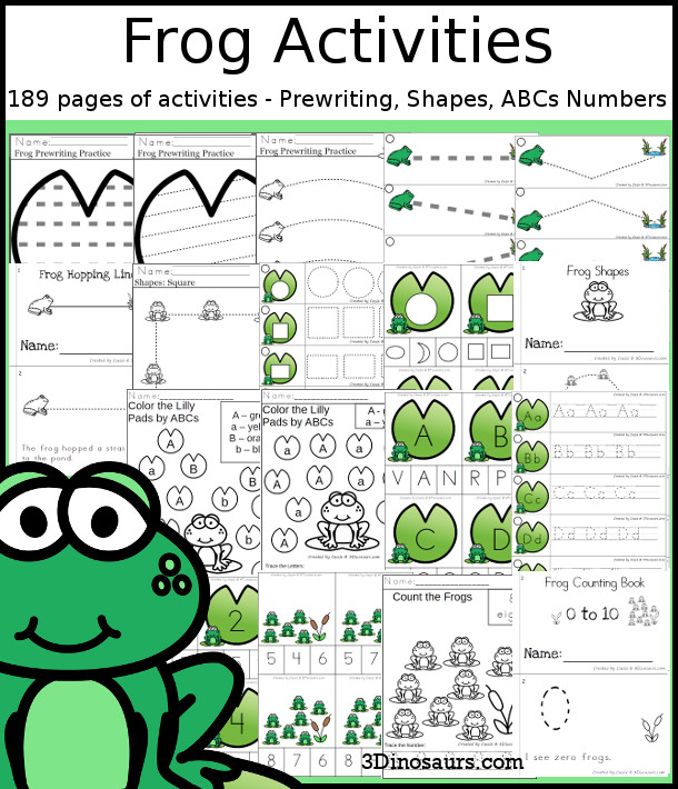 Frog Activities Pack with Prewriting, Shapes, ABCs, and Numbers - 191 pages of activities with no-prep pages, clip cards and tracing strips to help with learning skills. A great addition to any frog and pond activity or theme. - 3Dinosaurs.com