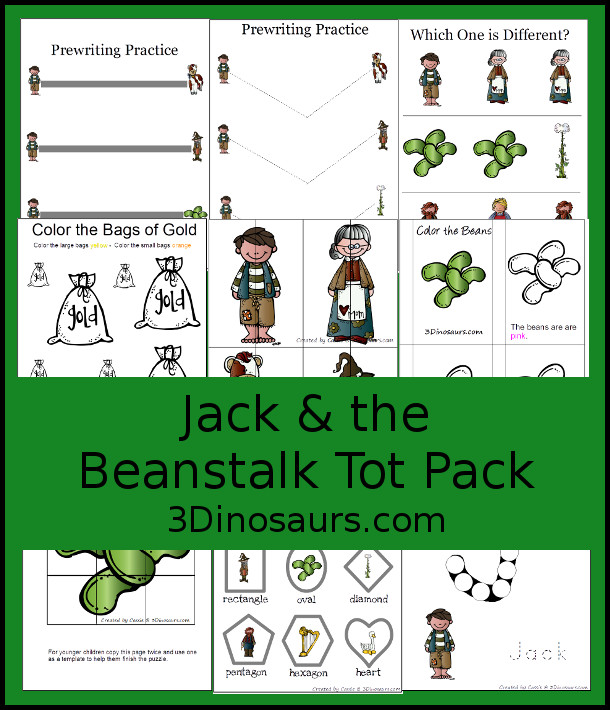 Free Jack & the Beanstalk Tot Pack with 39 pages of activities with prewriting, puzzles, dot marker letters, shapes, small color books and more with hands-on and no-prep activities for Tot and Preschool - 3Dinosaurs.com