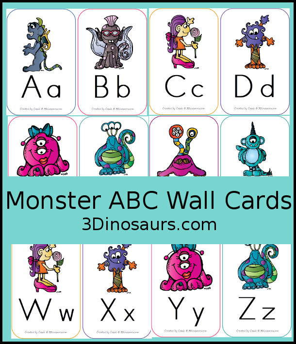 Free Monster ABC Wall Cards - all 26 letters of the alphabet - 3Dinosaurs.com