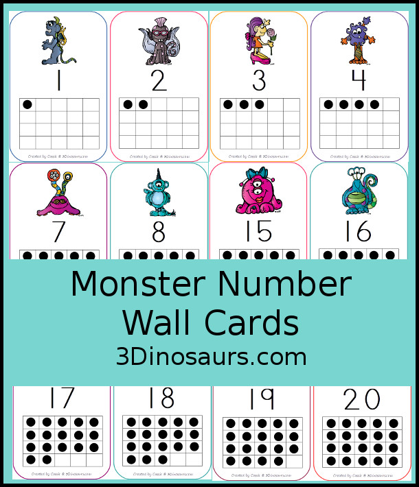 Free Monster Number Wall Cards - numbers 0 to 20 - 3Dinosaurs.com