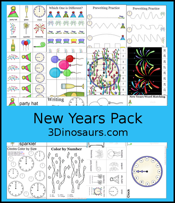 Free New Years Prek & Kindergarten Pack - with a mix of hands-on and no-prep activities for New Years - 3Dinosarus.com