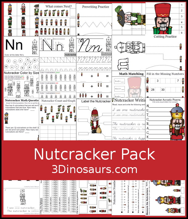 Free Nutcracker Pack - over 60 pages of printables to use with a nutcracker theme with print and cursive with a mix of hands-on and no-prep activities for kids. - 3Dinosaurs.com