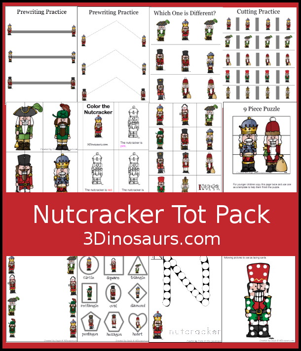 Free Nutcracker Pack - 30 pages of activities with prewriting, cutting, coloring, puzzles and more nutcracker activities for kids. - 3Dinosaurs.com