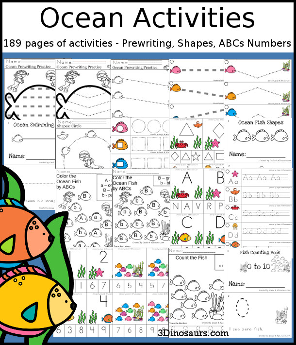 Ocean Activities Pack with Prewriting, Shapes, ABCs, and Numbers - 191 pages of ocean activities with no-prep pages, clip cards and tracing strips to help with learning skills. A great addition to any ocean activity or theme. - 3Oceans.com