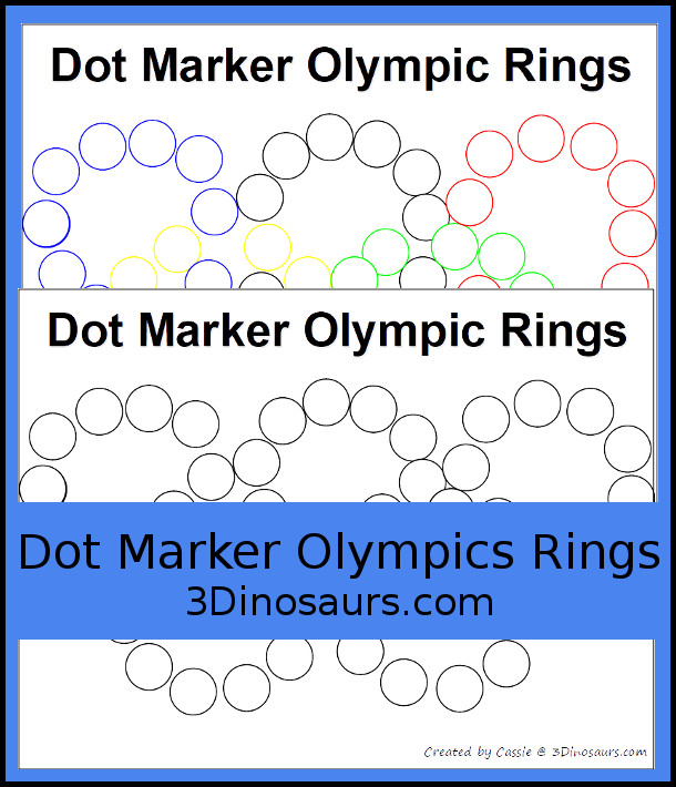 Free Dot Marker Olympic Rings - 5 rings for kids to dot in color and black and white in the blue, yellow, black, green and red - 3Dinosaurs.com