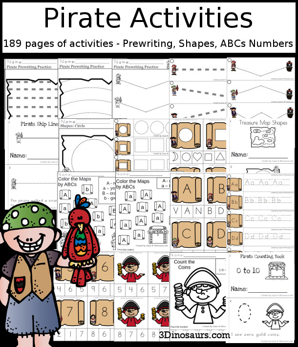 Pirate Activities Pack with Prewriting, Shapes, ABCs, and Numbers - 191 pages of activities with no-prep pages, clip cards and tracing strips to help with learning skills. A great addition to any pirate activity or theme. - 3Dinosaurs.com