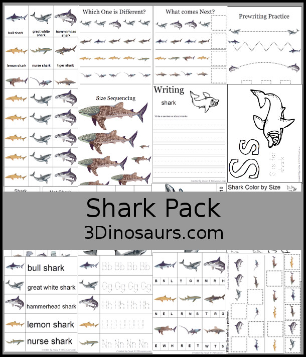 Free Shark Pack for Kindergarten and PreK - with over 30 pages of shark names, rewriting, matching, puzzles and more - 3Dinosaurs.com