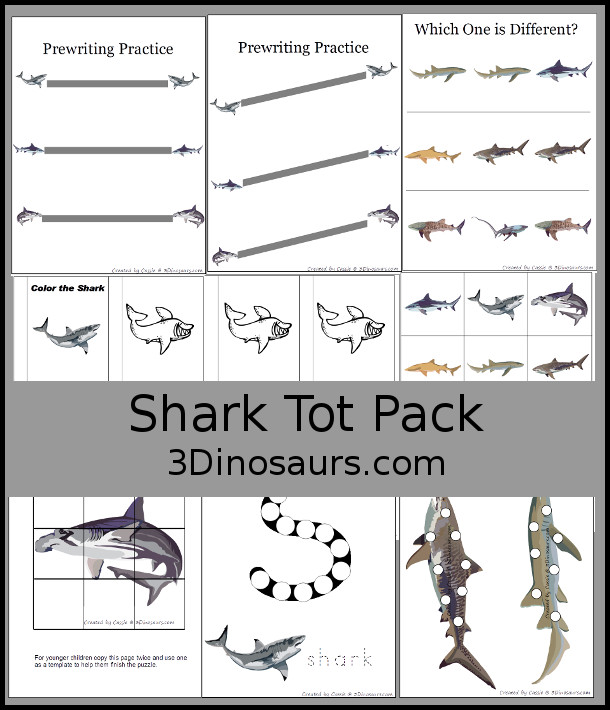 Free Shark Tot Pack for Preschool and Tot age kids - with 14 pages of prewriting, color the shark book, puzzles and more - 3Dinosaurs.com